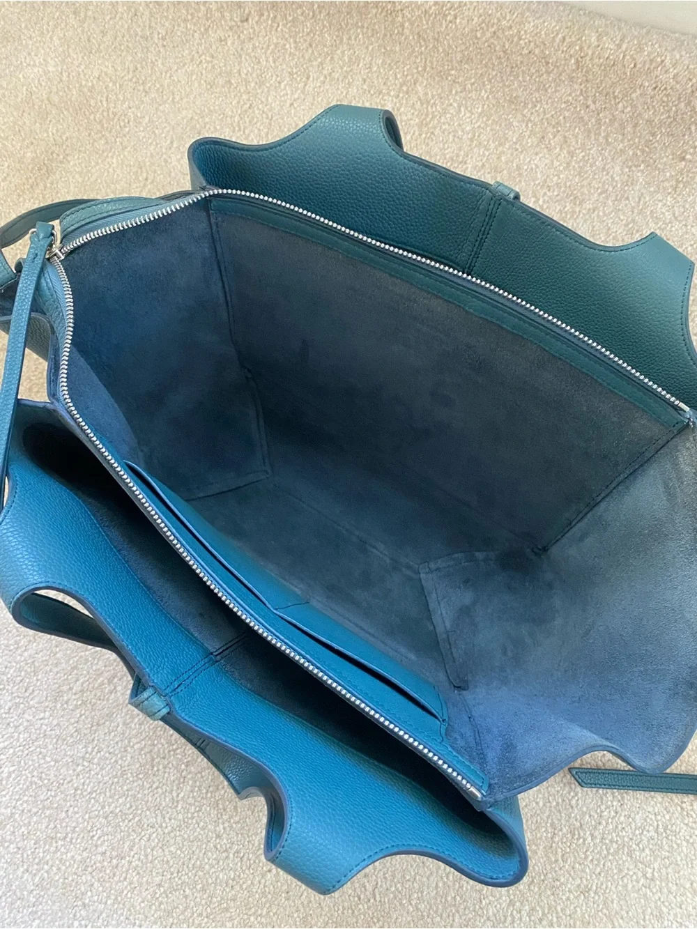 Celine Teal Blue Pebbled Leather Medium Trifold Tote